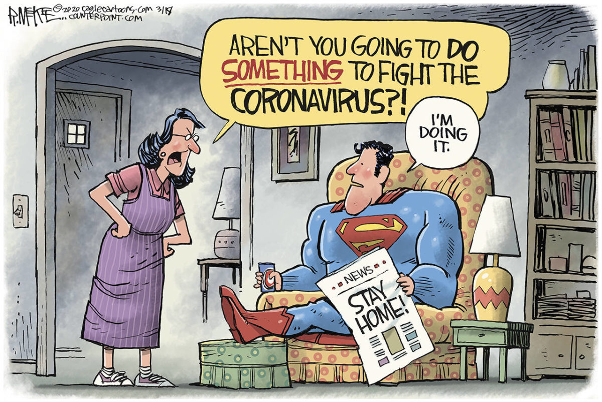 Superman pun tahu bagaimana caranya bekerja menghadapi virus korona. Foto: https://www.heraldnet.com/opinion/editorial-cartoons-for-friday-march-20/