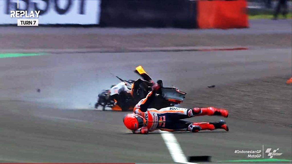 Marc Marquez walks away from huge Turn 7 highside The eight-time World Champion was thankfully up on his feet after suffering a terrifying crash in Warm Up. Source: motogp.com
