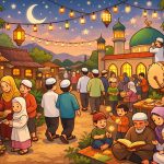 Ilustrasi: suasana bulan Ramadhan yang semarak di pedesaan. (ChatGPT)