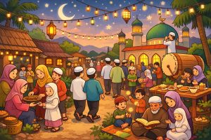 Ilustrasi: suasana bulan Ramadhan yang semarak di pedesaan. (ChatGPT)